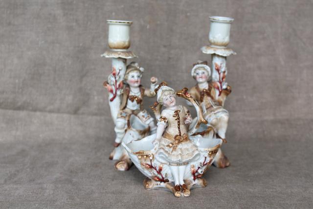 photo of antique German porcelain figurines, Bohemian or Dresden china basket & candlesticks #1