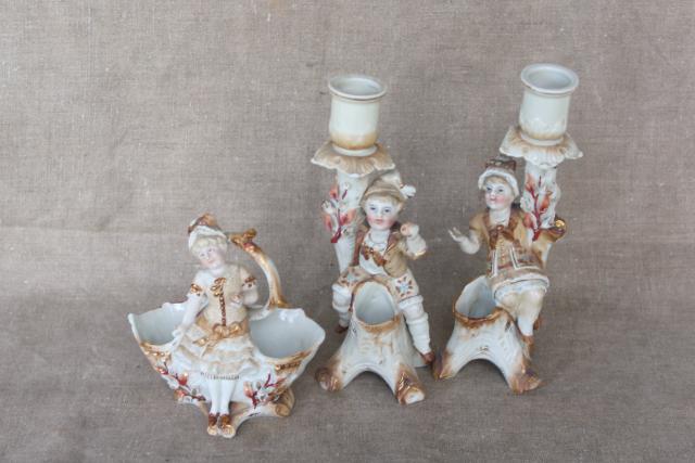 photo of antique German porcelain figurines, Bohemian or Dresden china basket & candlesticks #7