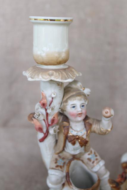 photo of antique German porcelain figurines, Bohemian or Dresden china basket & candlesticks #11