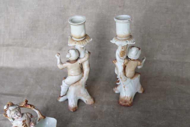 photo of antique German porcelain figurines, Bohemian or Dresden china basket & candlesticks #13