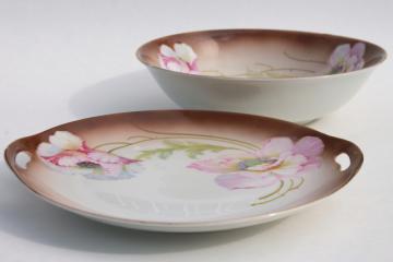 catalog photo of antique German porcelain tray handled plate & fruit bowl, hand painted pink poppies