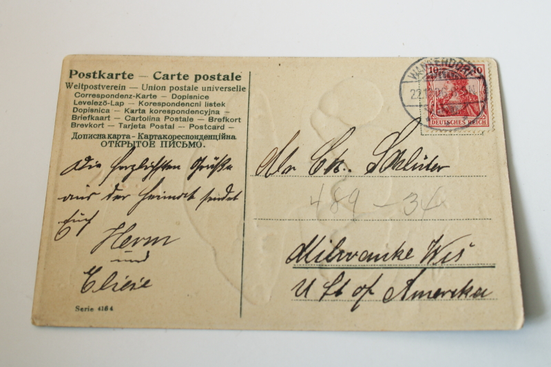 photo of antique German postcard Happy New Year greeting card color litho print magic mushroom toadstool w/ birds  #2