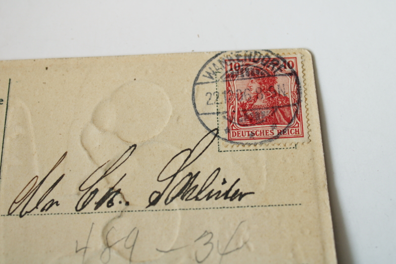 photo of antique German postcard Happy New Year greeting card color litho print magic mushroom toadstool w/ birds  #3