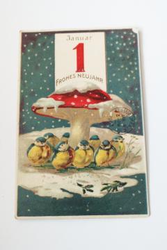 antique German postcard Happy New Year greeting card color litho print magic mushroom toadstool w/ birds 