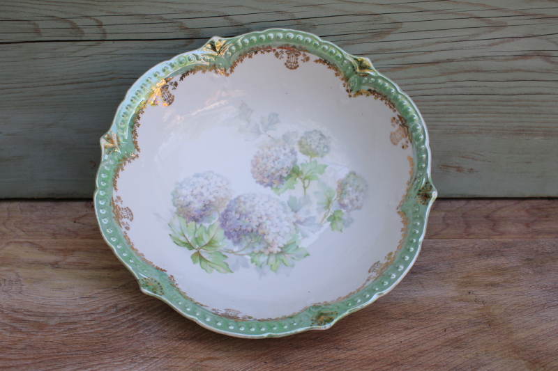 photo of antique Germany china bowl, snowball hydrangeas floral vintage mint green #1