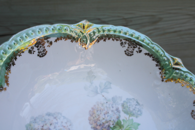 photo of antique Germany china bowl, snowball hydrangeas floral vintage mint green #3