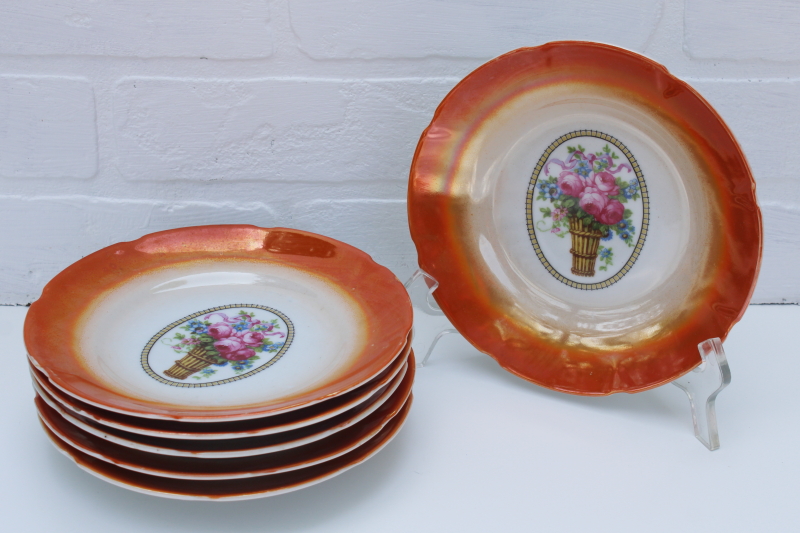 photo of antique Germany china plates, orange luster w/ flower basket 1920s vintage salad or luncheon plates #6