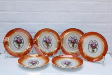catalog photo of antique Germany china plates, orange luster w/ flower basket 1920s vintage salad or luncheon plates