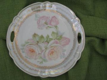 catalog photo of antique Germany china serving plate w/ handles, cabbage roses and luster