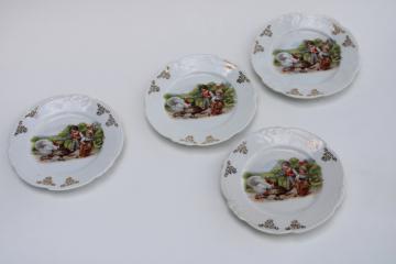 catalog photo of antique Germany doll dishes for tea set, tiny china plates, children w/ turkeys