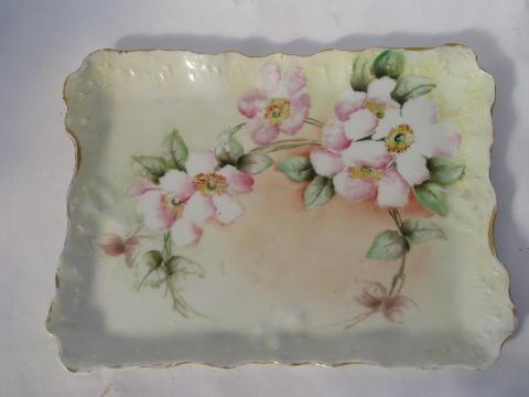 photo of antique Germany hand-painted wild rose china vanity table perfume tray #1