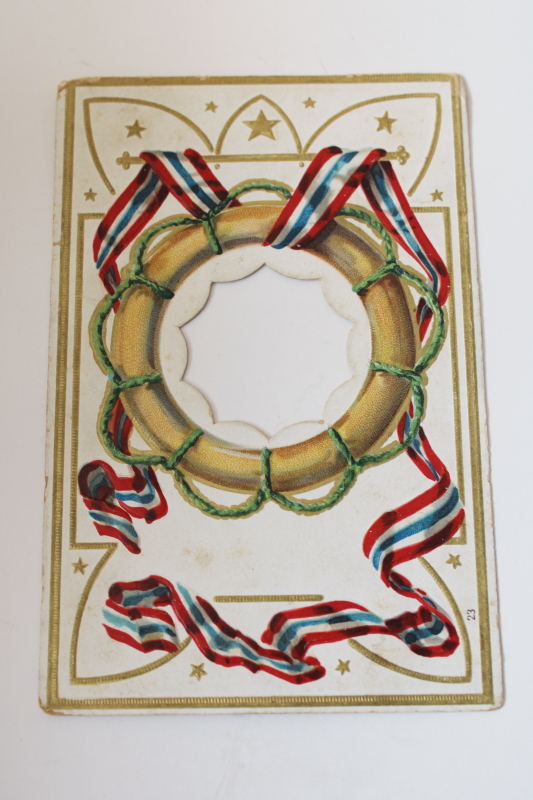 photo of antique Germany paper postcard w/ cutout, vintage ephemera Civil War commemoration red & blue ribbon print  #1
