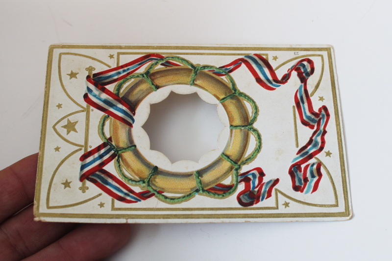 photo of antique Germany paper postcard w/ cutout, vintage ephemera Civil War commemoration red & blue ribbon print #2