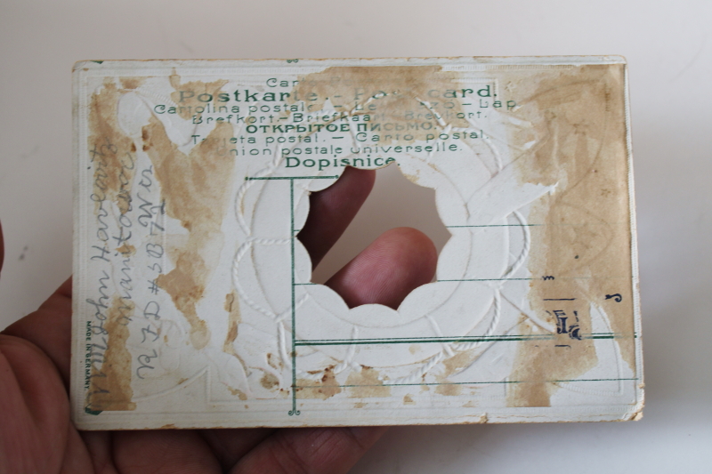 photo of antique Germany paper postcard w/ cutout, vintage ephemera Civil War commemoration red & blue ribbon print #3