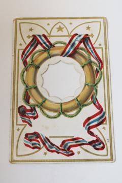antique Germany paper postcard w/ cutout, vintage ephemera Civil War commemoration red & blue ribbon print 