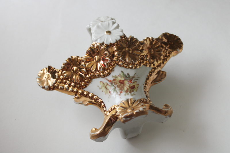 photo of antique Germany porcelain flower basket, miniature vase w/ embossed daisies & gold, turn of the century vintage  #2