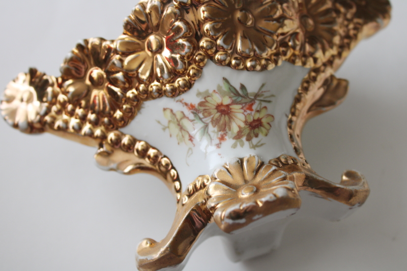 photo of antique Germany porcelain flower basket, miniature vase w/ embossed daisies & gold, turn of the century vintage  #3