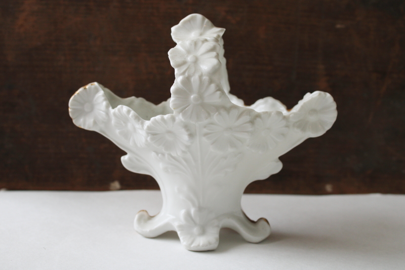 photo of antique Germany porcelain flower basket, miniature vase w/ embossed daisies & gold, turn of the century vintage  #7