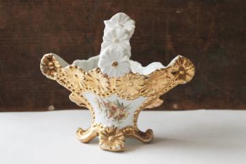 catalog photo of antique Germany porcelain flower basket, miniature vase w/ embossed daisies & gold, turn of the century vintage 
