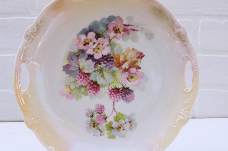 photo of antique Germany porcelain fruit plate, luster china w/ blossoms blackberries or raspberries #2