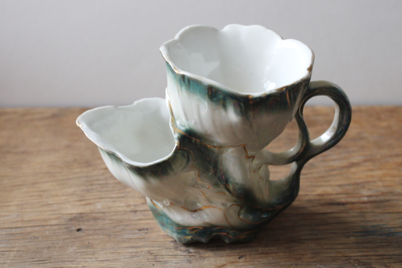 photo of antique Germany porcelain shaving mug, Victorian era scuttle shape cup w/ soap drainer, brush holder  #1