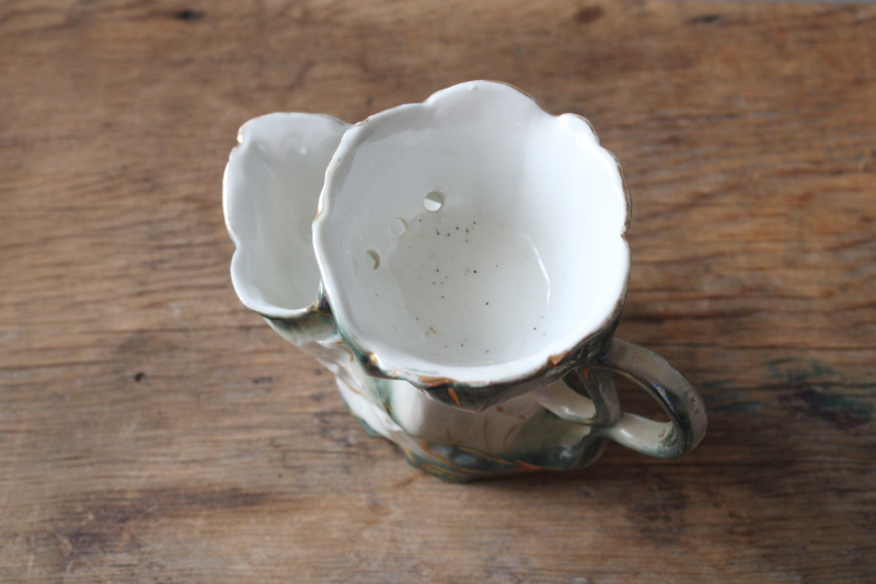 photo of antique Germany porcelain shaving mug, Victorian era scuttle shape cup w/ soap drainer, brush holder  #2