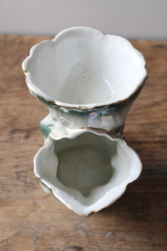 photo of antique Germany porcelain shaving mug, Victorian era scuttle shape cup w/ soap drainer, brush holder  #4