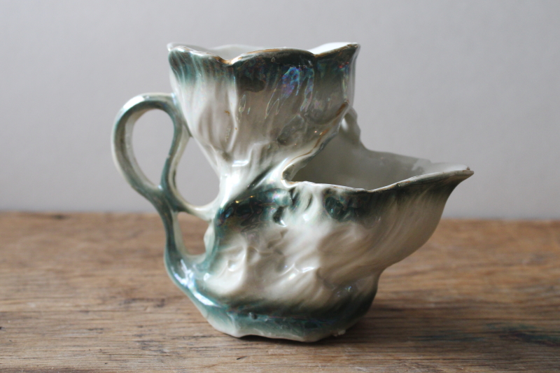 photo of antique Germany porcelain shaving mug, Victorian era scuttle shape cup w/ soap drainer, brush holder  #5