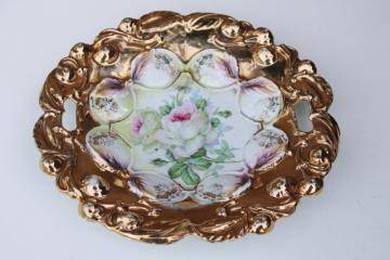 antique Germany roses china bowl, RS Prussia style blown out cherries w/ encrusted gold