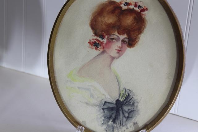 photo of antique Gibson girl style lady portrait prints in period vintage oval frames #4