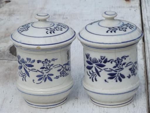 photo of antique Ginger and Cloves spice jar canisters, blue and white Germany china #5