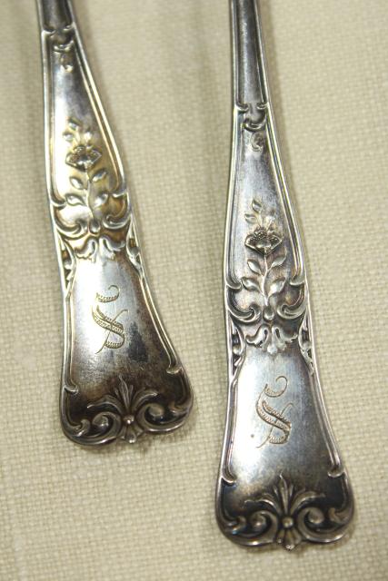 photo of antique Gorham sterling silver teaspoons fleur de lis floral, old lion anchor hallmarks #5