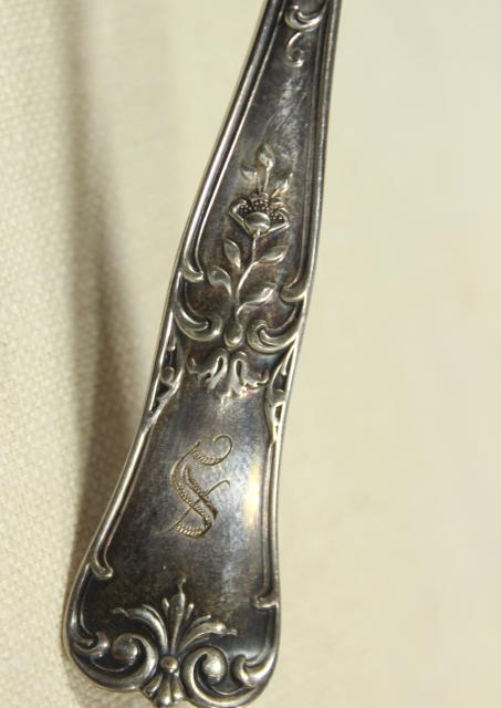 photo of antique Gorham sterling silver teaspoons fleur de lis floral, old lion anchor hallmarks #7