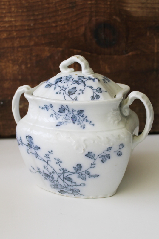 photo of antique Grindley England ironstone china biscuit jar, dark blue transferware Rustic floral #1