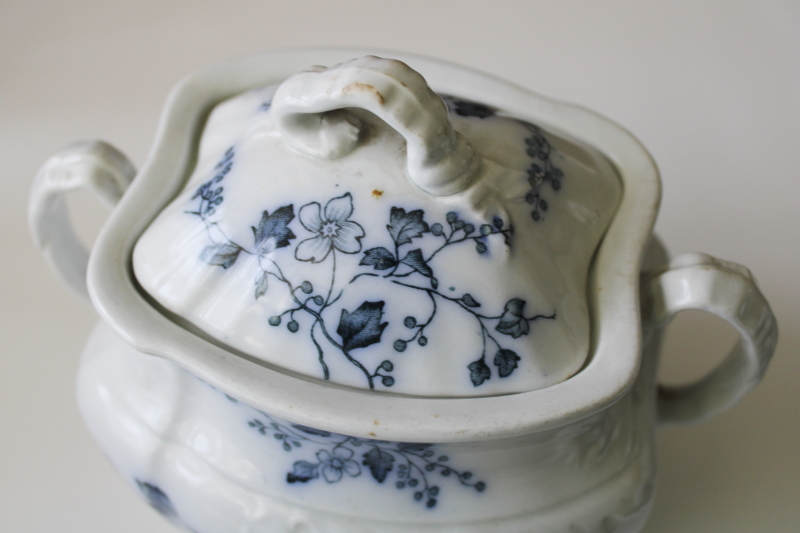 photo of antique Grindley England ironstone china biscuit jar, dark blue transferware Rustic floral #2