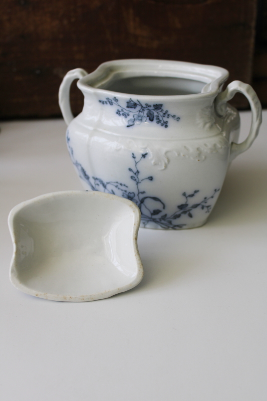 photo of antique Grindley England ironstone china biscuit jar, dark blue transferware Rustic floral #3