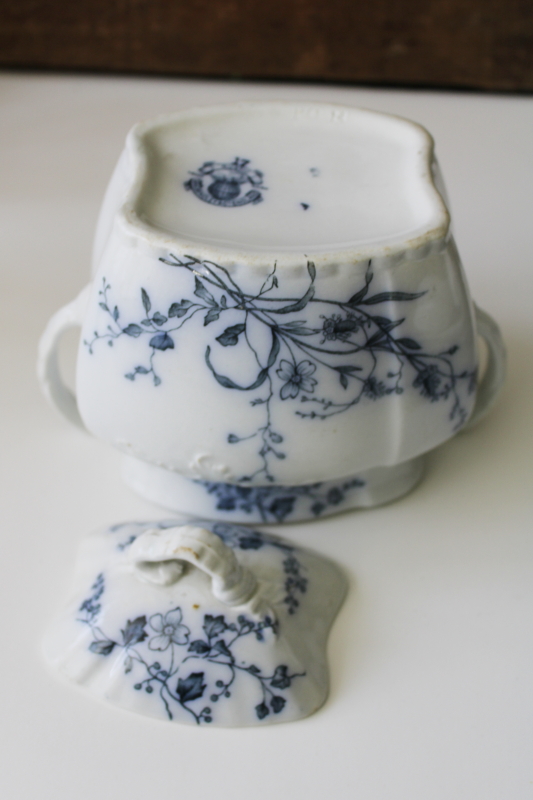 photo of antique Grindley England ironstone china biscuit jar, dark blue transferware Rustic floral #6