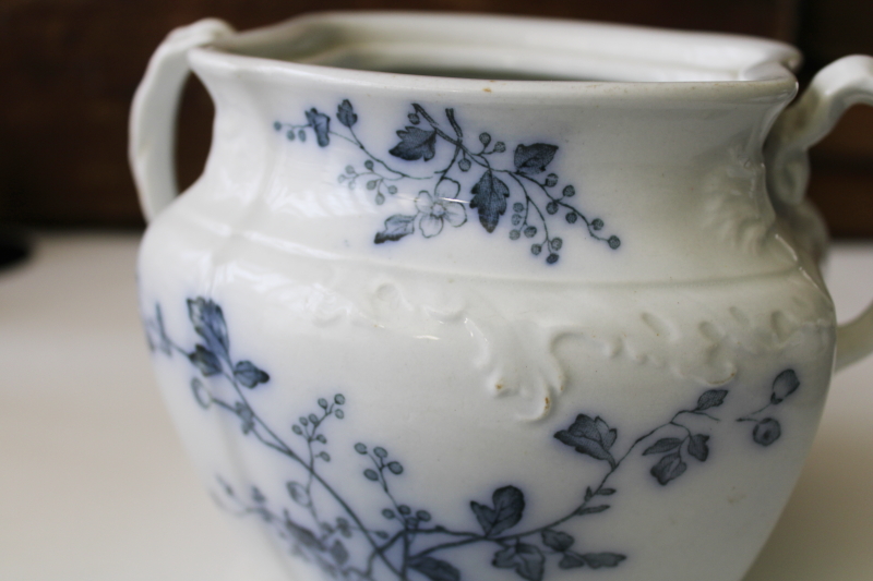 photo of antique Grindley England ironstone china biscuit jar, dark blue transferware Rustic floral #8