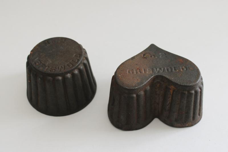 photo of antique Griswold cast iron patty molds, heart & cup shaped shell w/ no rosette iron #1