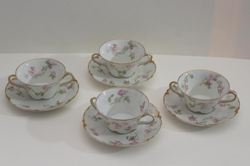 photo of antique Haviland Limoges boullion cups, double handled cup & saucer pink flowers #1