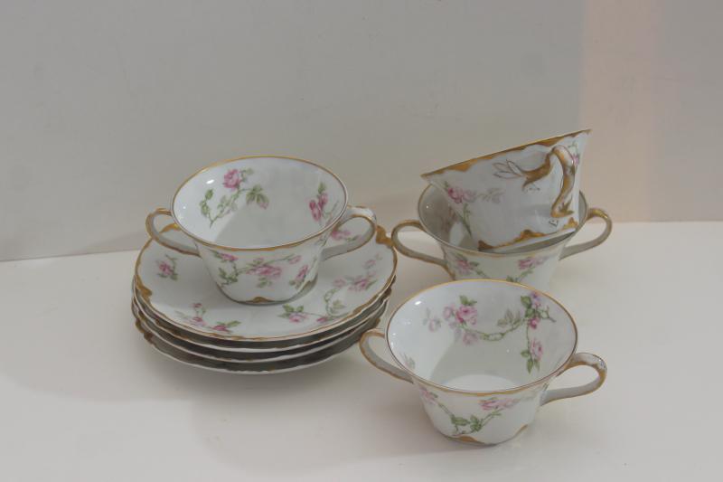 photo of antique Haviland Limoges boullion cups, double handled cup & saucer pink flowers #2