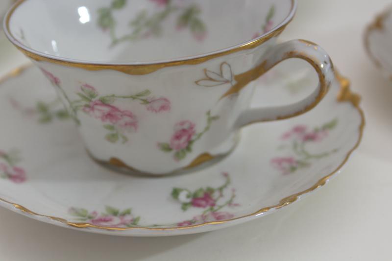 photo of antique Haviland Limoges boullion cups, double handled cup & saucer pink flowers #3