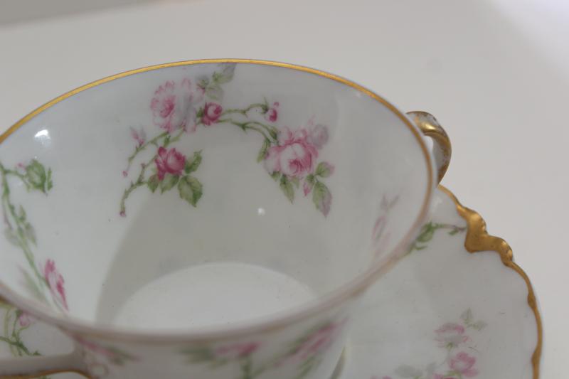 photo of antique Haviland Limoges boullion cups, double handled cup & saucer pink flowers #4