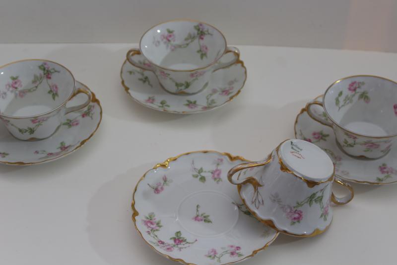 photo of antique Haviland Limoges boullion cups, double handled cup & saucer pink flowers #8