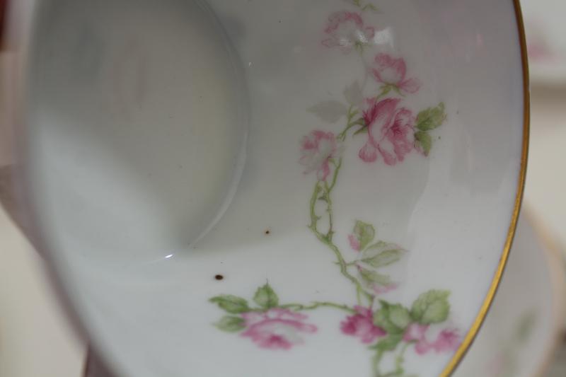 photo of antique Haviland Limoges boullion cups, double handled cup & saucer pink flowers #9