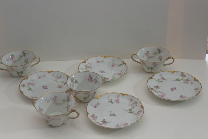 photo of antique Haviland Limoges boullion cups, double handled cup & saucer pink flowers #10