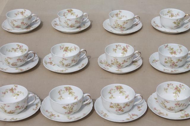 photo of antique Haviland Limoges china cups & saucers set for 12, scalloped edge porcelain, pink floral #3