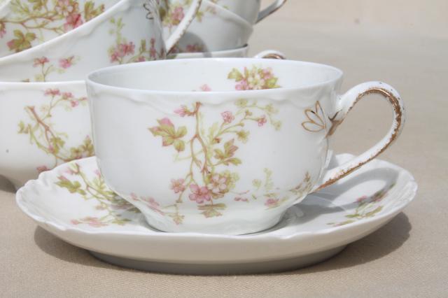 photo of antique Haviland Limoges china cups & saucers set for 12, scalloped edge porcelain, pink floral #4