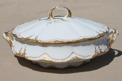 photo of antique Haviland Limoges gold & white porcelain tureen or covered bowl, circa 1903 #1
