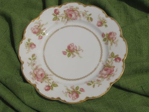 photo of antique Haviland Limoges porcelain plate, scalloped border, large roses #1